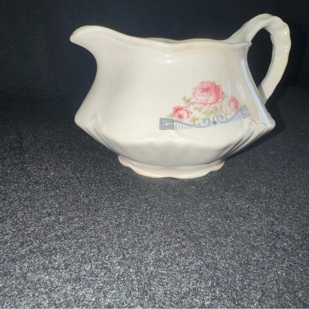 Rare 1941 Homer Laughlin Creamer Pitcher 3 Pink Peonies w/ Blue Geometric Scroll